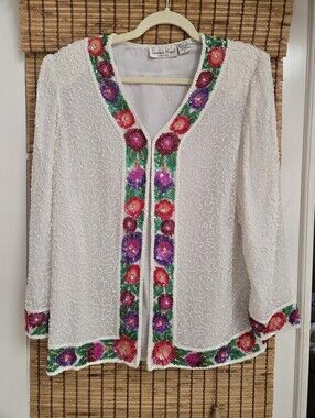 Laurence Kazar Vintage White Beaded Floral Trim Open Cardigan